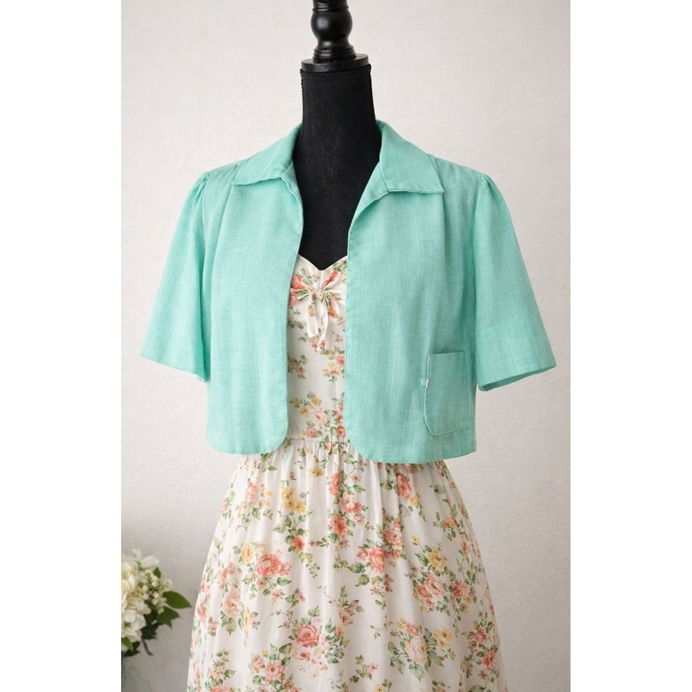Vintage Teal Crop Bolero Jacket Petite 12P Cottagecore Spring Layer Shrug Retro‎